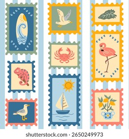 Seamless pattern of coastal summer postage stamps in a hand-drawn vintage look. Includes tropical animals, travel elements, and sea-themed illustrations. Perfect for packaging, summer projects.