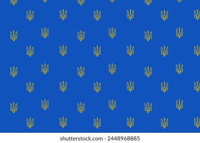 Seamless pattern. The coat of arms of Ukraine is yellow on a blue background. Flyer background design, advertising background, fabric, clothing, texture, textile pattern