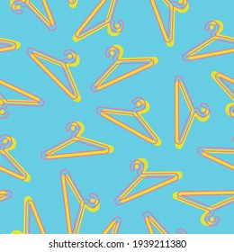 Seamless Pattern Coat Hanger Bright Blue Yellow Pink Colors Abstraction Outline Linear Vector Illustration Background.