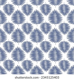 Patrón sin foco con silueta de hojas de palma de abanico azul cobalto. Para textiles para el hogar, papel pintado, embalaje, ropa.