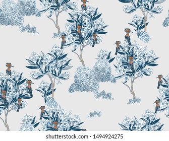 Seamless Pattern Cobalt Blue Oriental Chinese Motifs Pattern Exotic Hoopoe Birds in Blooming Garden Oleander Trees Monochrome Retro Hand drawn Illustration with Blue Background