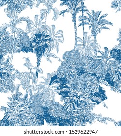 Seamless Pattern Cobalt Blue Vintage Outline Etching Graphics of Jungle Tropical Palms Rainforest Exotic Plants Mountains British Fabric Design on White Background