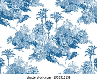 Seamless Pattern Cobalt Blue Vintage Outline Etching Graphics of Jungle Tropical Palms Rainforest Exotic Plants Groups of Trees in Mountains British Textile Design on White Background