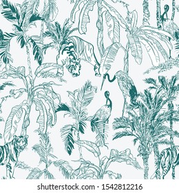 Seamless Pattern Cobalt Blue Vintage Lithograph Outline Print Tigers and Chinese Cranes Wildlife in Palm Jungle Rainforest Tropical Trees Monochrome Hand Drawn Wallpaper Design on White Background