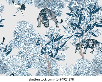 Seamless Pattern Cobalt Blue and White Wild Predator Animals Tiger, Leopard, Cranes and Hoopoe Birds in Blooming Garden Blue and White Porcelain Chinese Textile Design Vintage Asian Motifs 