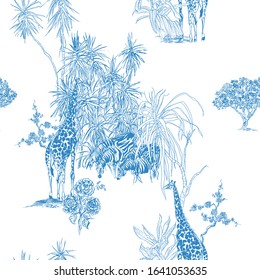 Seamless Pattern Cobalt Blue Wildlife Giraffe and Zebras in Dragon Tree Bushes, Safari Animals in Africa Desert, Hand Drawn Lithography Chinoiserie Print, Doodle Floral Drawing on White Background