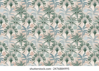 Seamless Pattern Cobalt Lithography Illustration Palm Trees, Tropical Jungle Forest, Exotic Animal Wildlife Toucan, Parrot, Hand drawn Outline Etching Drawing Vintage, Toile du Jouy on White