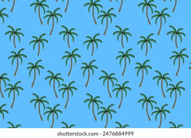 Seamless Pattern Cobalt Lithography Illustration Palm Trees, Tropical Jungle Forest, Exotic Animal Wildlife Toucan, Parrot, Hand drawn Outline Etching Drawing Vintage, Toile du Jouy on White