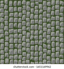 Seamless pattern of cobblestone street paving with grass. Background of gray pebbles on the path.