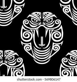 Seamless pattern with cobra head stylized Maori face tattoo. Vector
