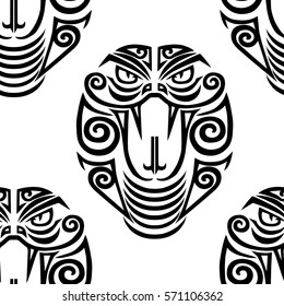 Seamless pattern with cobra head stylized Maori face tattoo. Vector