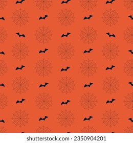 Seamless pattern with cobweb and bat on orange background. halloween