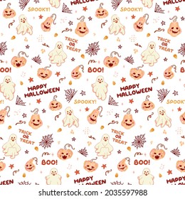 Seamless pattern of cobweb, halloween pumpkins, Ghost,  of different creepy faces for icons and decorations in bright background. Hand drawn sketch style. Jack-o-lantern glow from the inside.