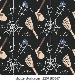 Seamless pattern with cobwebs and means of removing them. A broom brushing a web into a scoop. Illustration for printing on packaging and textiles in a cartoon style. Bringing order and cleanliness.