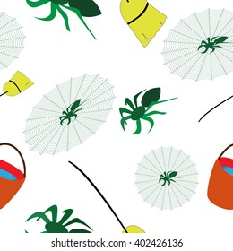 Seamless pattern with cobwebs, spiders, a bucket and a broom.