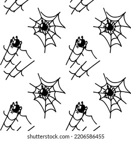 Seamless Pattern With Cobwebs And Spiders. Spiders Weaving Webs. Black And White Drawing For Printing On Packaging And Fabrics. Design Elements For Holiday Decoration On The Eve Of All Saints' Day.