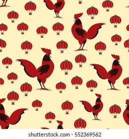 Seamless pattern with a cock and chinese lantern. Vector illustration.  Decorative ornament with holiday symbols.