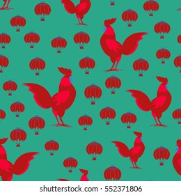 Seamless pattern with a cock and chinese lantern. Vector illustration.  Decorative ornament with holiday symbols.