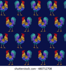Seamless pattern with cock. Fire cock. Symbol of 2017. Vector illustration  