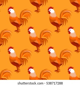 Seamless pattern with cock (rooster) - symbol of 2017 fire cock. May used for design: cloth, web, wallpaper, wrapping. Vector illustration for New Year's design. Vector illustration