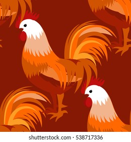 Seamless pattern with cock (rooster) - symbol of 2017 fire cock. May used for design: cloth, web, wallpaper, wrapping. Vector illustration for New Year's design. Vector illustration