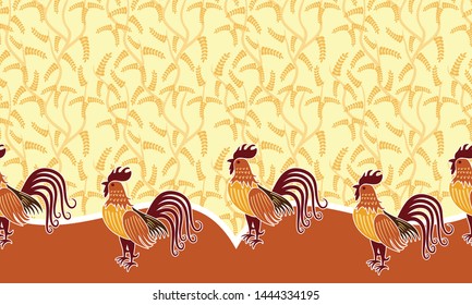 Seamless pattern with cock and tamarind leaf illustration, indonesian batik motif