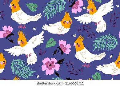 Seamless pattern with cockatiel parrots. Vector graphics.