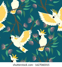 Seamless pattern with cockatoo and flowers. Vector graphics.