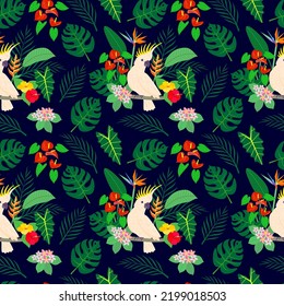 Patrón sin foco con loro de Cockatoo sobre una rama entre plantas tropicales con flores brillantes. Ilustración de color vectorial en el fondo oscuro.