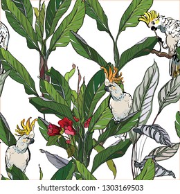 Seamless Pattern Cockatoo Parrots exotic Birds in Palm Leaves Tropical Jungle Realistic Art Bright Colorful