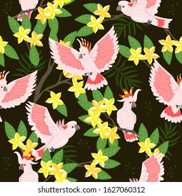 Seamless pattern with cockatoo and plumeria flowers. Vector graphics.