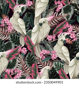 Seamless pattern with cockatoo, tropical leaves and flowers. Vector