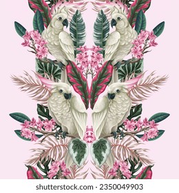 Seamless pattern with cockatoo, tropical leaves and flowers. Vector