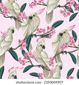 Seamless pattern with cockatoo, tropical leaves and flowers. Vector