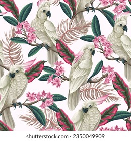 Seamless pattern with cockatoo, tropical leaves and flowers. Vector