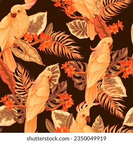 Seamless pattern with cockatoo, tropical leaves and flowers. Vector
