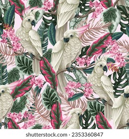 Seamless pattern with cockatoo, tropical leaves and flowers. Vector