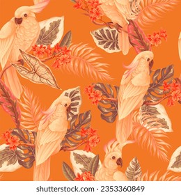 Seamless pattern with cockatoo, tropical leaves and flowers. Vector