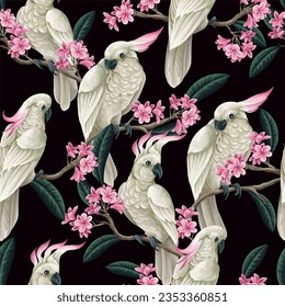 Seamless pattern with cockatoo, tropical leaves and flowers. Vector