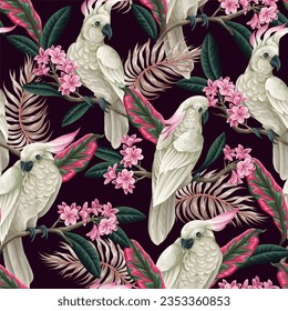 Seamless pattern with cockatoo, tropical leaves and flowers. Vector