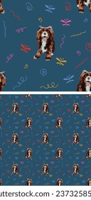 Seamless pattern with Cocker spaniel dogs, holiday texture. Seamless navy color pattern with funny detailed illustrations of dogs, colorful swirls, butterflies. Wrapping, holiday gift. Abstract.