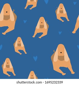 Seamless pattern with cocker spaniel and heart on a blue background as a concept of a favorite pet for children. Flat vector stock illustration with dog or character for print