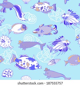 Seamless pattern  with cockleshells  blue fishes. Vector illustration