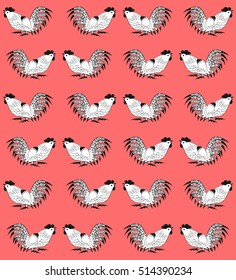Seamless pattern with cocks on a red background