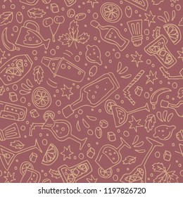 Seamless pattern with cocktail bar symbols set: shaker, glasses, drinks, alcohol beverages, fruit and spice ingredients. Doodle style. Design element for fabric or gift wrap.