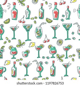 Seamless pattern with cocktail bar symbols set: shaker, glasses, drinks, alcohol beverages, fruit and spice ingredients. Doodle style. Design element for fabric or gift wrap.