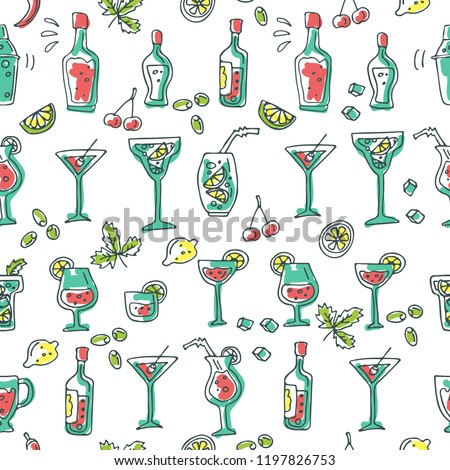 Seamless pattern with cocktail bar symbols set: shaker, glasses, drinks, alcohol beverages, fruit and spice ingredients. Doodle style. Design element for fabric or gift wrap.