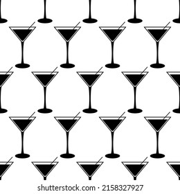 Seamless pattern with cocktail. Black flat icon cocktail with straw on white background. Icon alcohol drink. Modern design for print on fabric, wrapping paper, wallpaper, packaging.Vector illustration