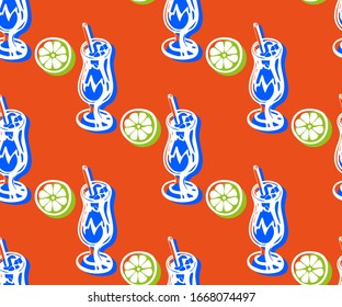 Seamless pattern with Cocktail drinks. Hand drawn ink illustration. Vector pattern. Print for textile, cloth, wallpaper, scrapbooking