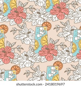 Patrón inexorable de bebidas de cóctel y flor de hibiscos, vector de patrón floral moderno, fondo floral vintage, Patrón de fondo de pantalla, Diseño de impresión floral, Papel de envoltura de regalo e impresiones de moda.